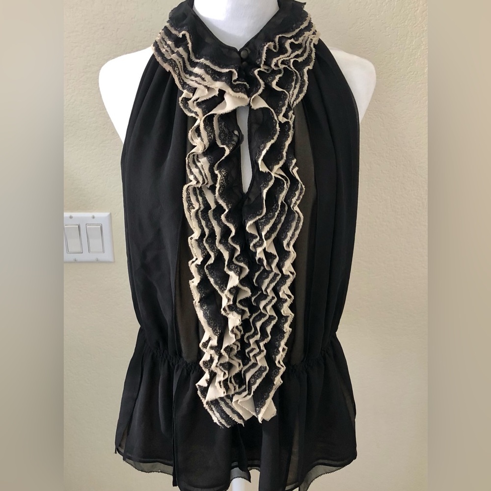 Robert Rodriguez Black Sleeveless Top Abundant with Lots of Ruffles at Neck